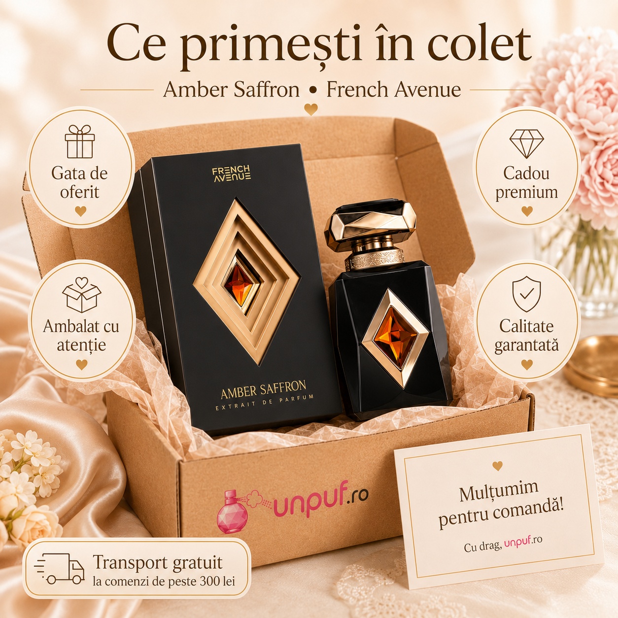Colet parfum Amber Saffron French Avenue ambalat cu atenție, gata de oferit cadou premium