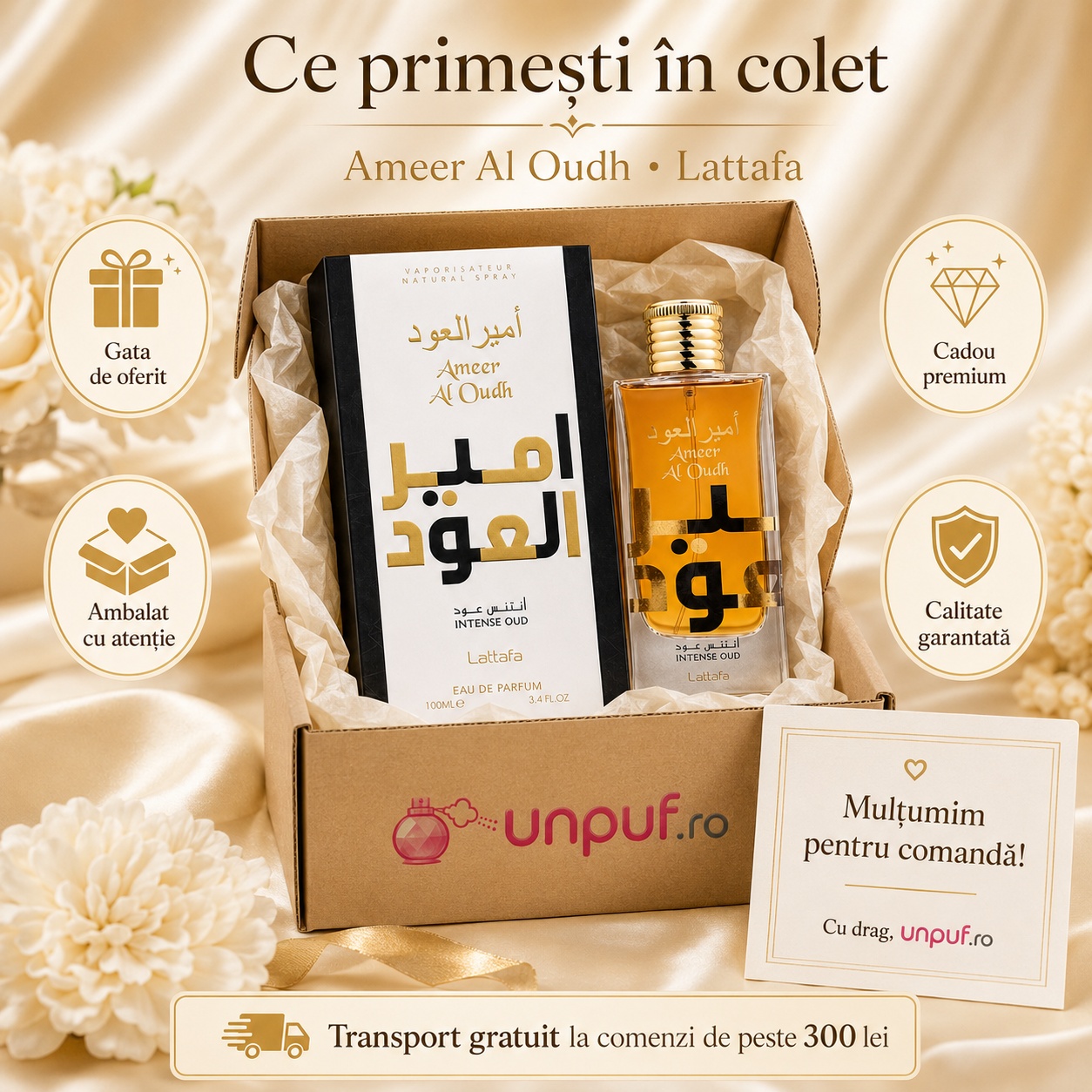 Colet parfum Ameer Al Oudh Intense Lattafa ambalat cu atenție, gata de oferit cadou premium