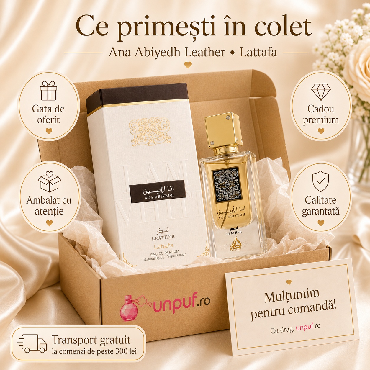 Colet parfum Ana Abiyedh Leather Lattafa ambalat cu atenție, gata de oferit cadou premium
