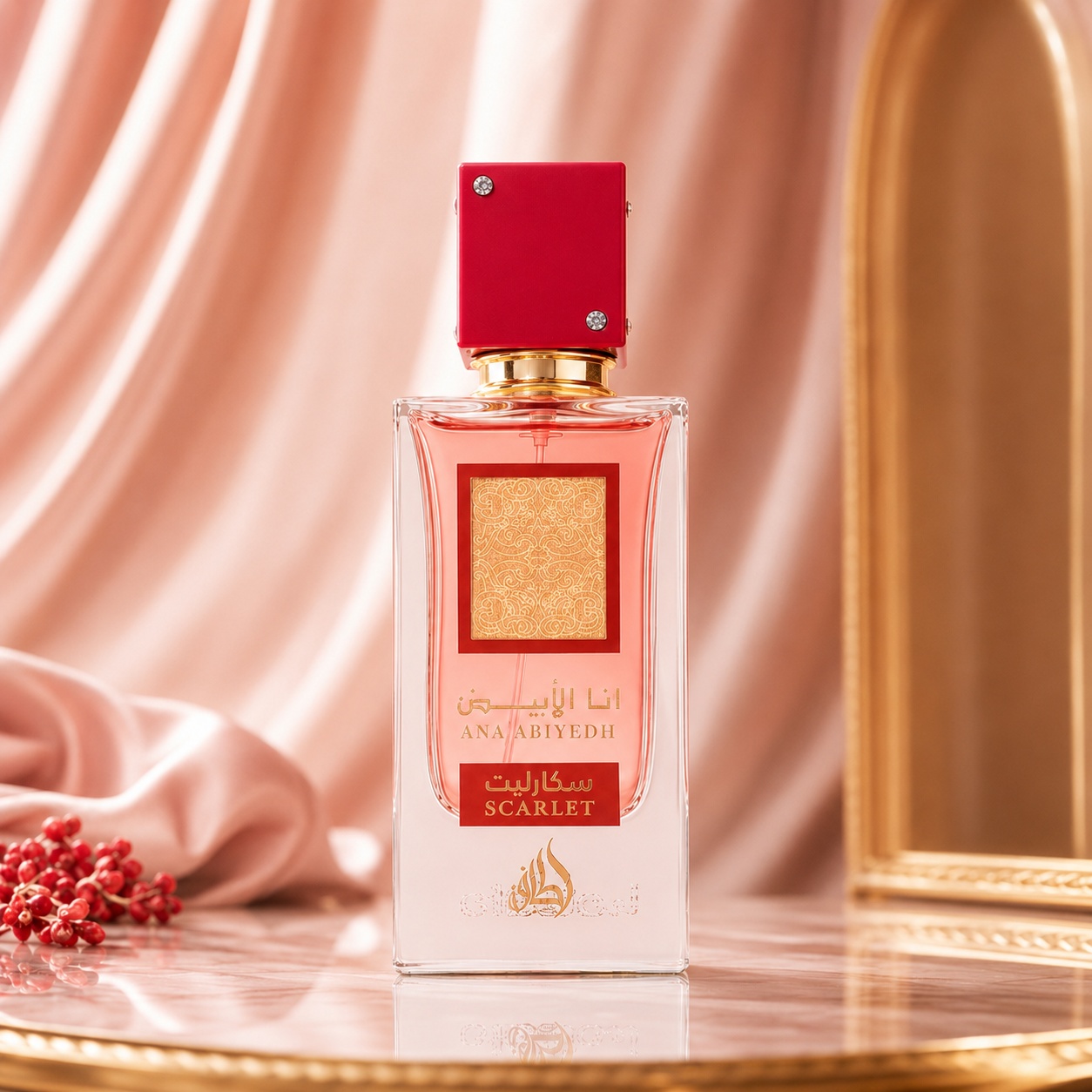Flacon Ana Abiyedh Scarlet Lattafa 60 ml parfum unisex cu sticlă transparentă, lichid roz și capac roșu elegant