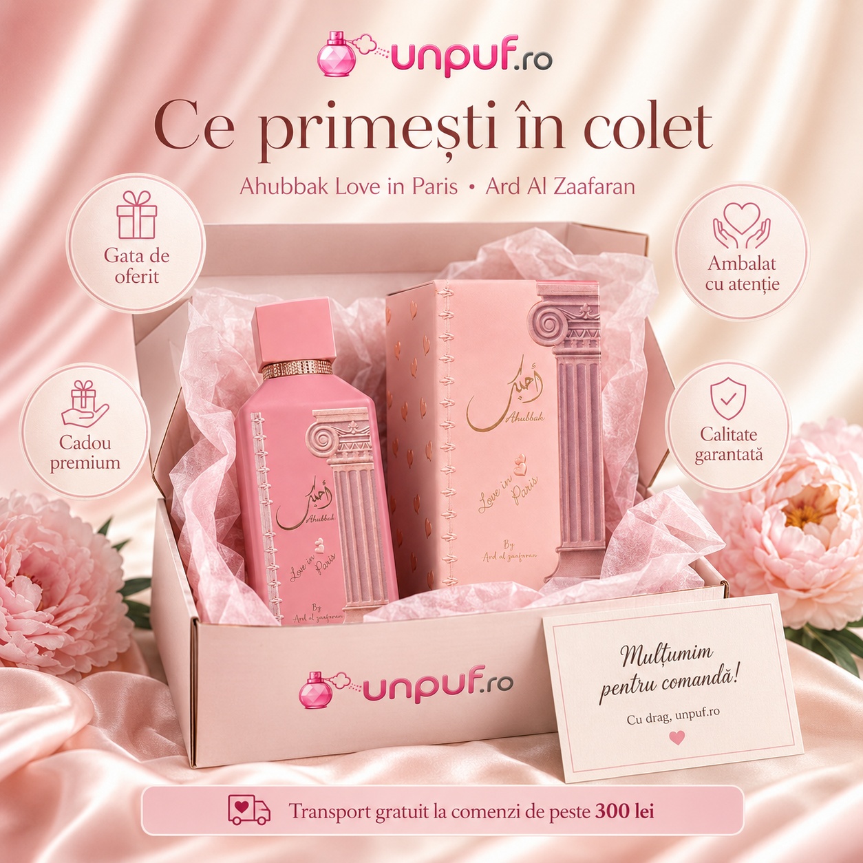 Ce primești &icirc;n colet Ahubbak Love in Paris Ard Al Zaafaran parfum 100 ml ambalat cu atenție pentru cadou