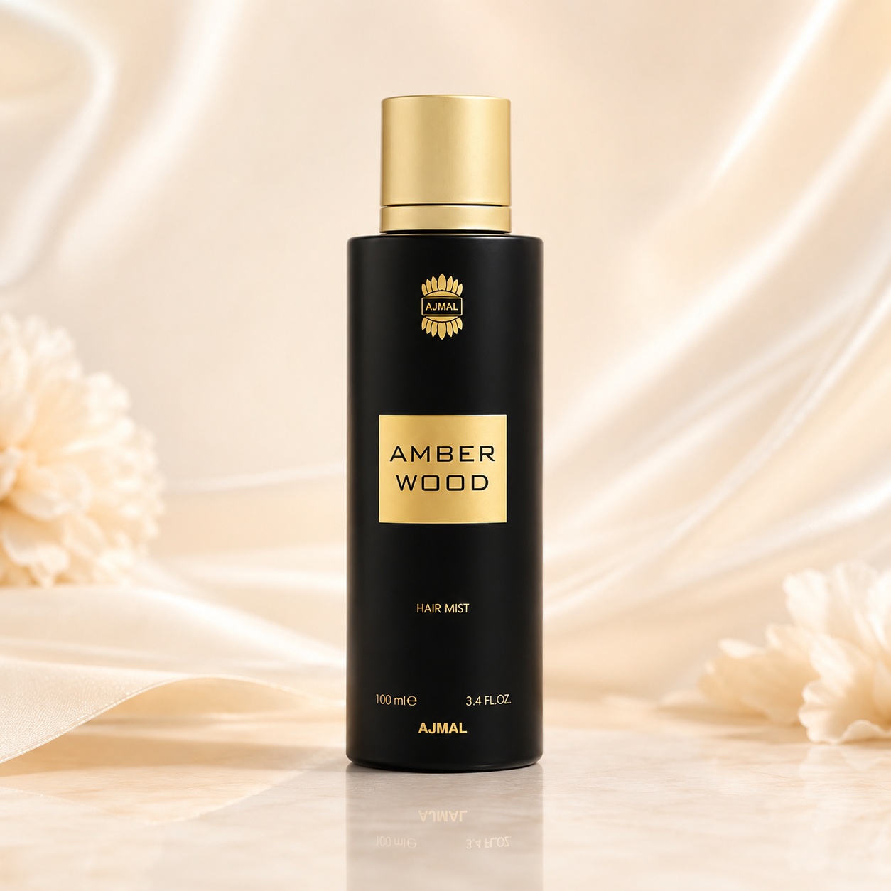 Flacon Ajmal Amber Wood Hair Mist 100 ml negru elegant cu capac auriu și design premium