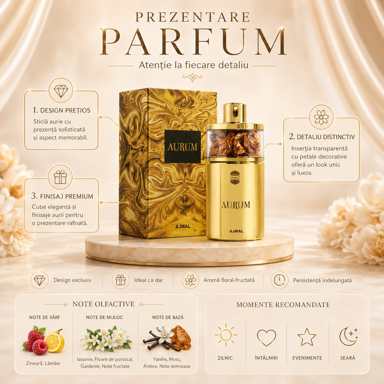 Prezentare parfum Ajmal Aurum 75 ml cu note olfactive zmeură, lămâie, iasomie, floare de portocal, gardenie, vanilie, mosc și ambră
