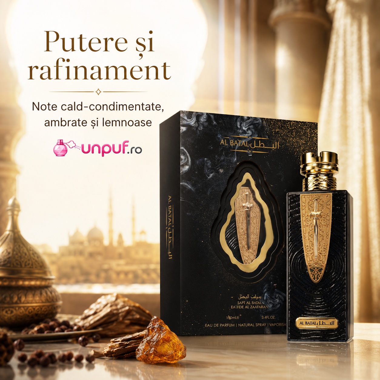 Al Batal parfum arăbesc cu putere și rafinament, note cald condimentate ambrate și lemnoase