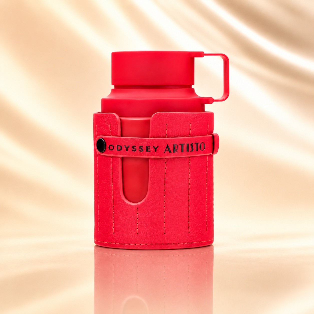 Flacon Armaf Odyssey Artisto 100 ml roșu intens cu husă texturată și curea decorativă