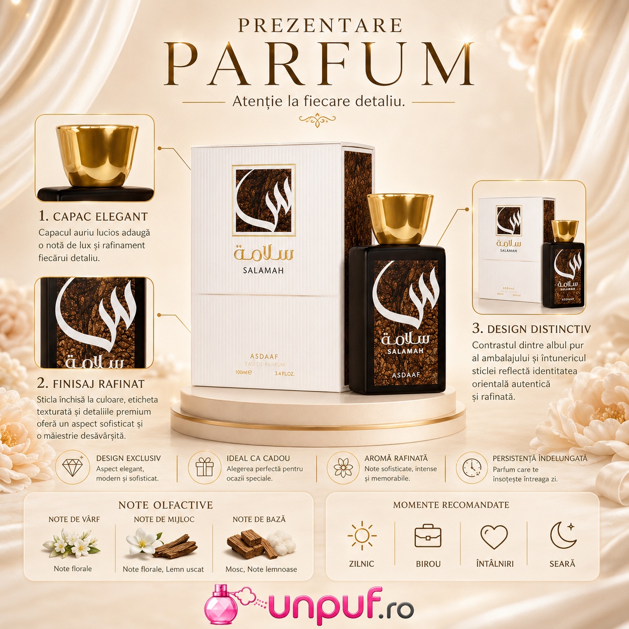 Prezentare parfum Asdaaf Salamah cu detalii despre capac, finisaj, design, note olfactive și momente recomandate