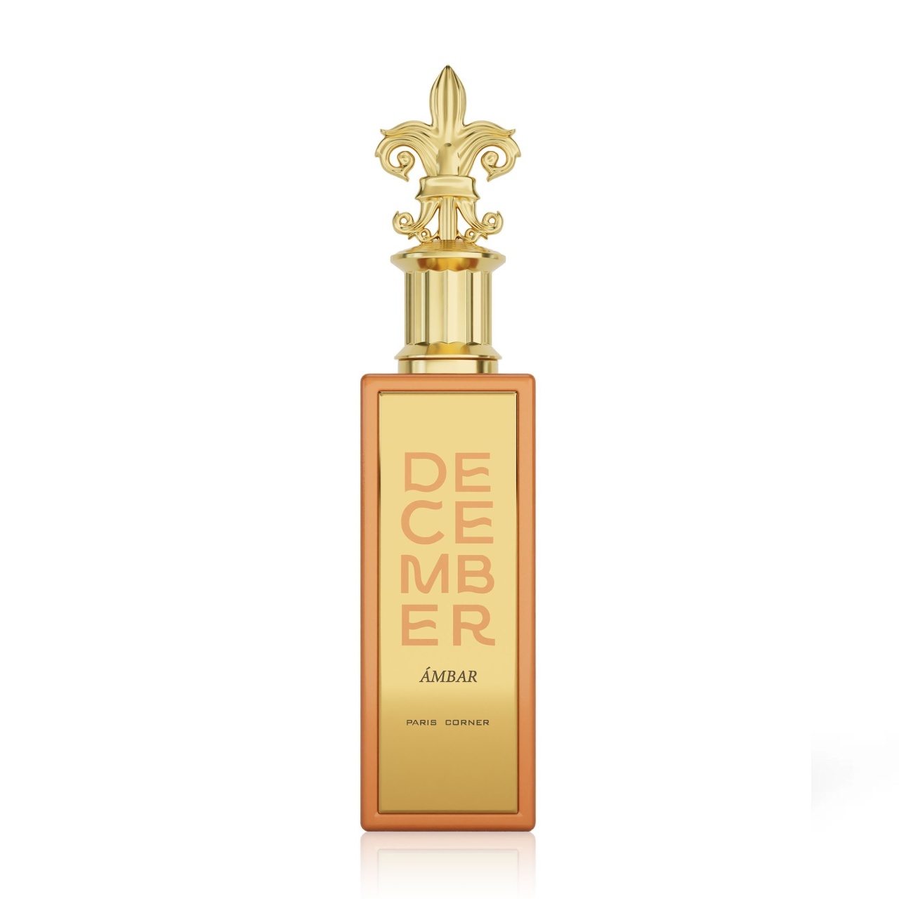 Flacon original December Ambar Paris Corner 100 ml cu cutie portocaliu aurie și capac ornamental auriu