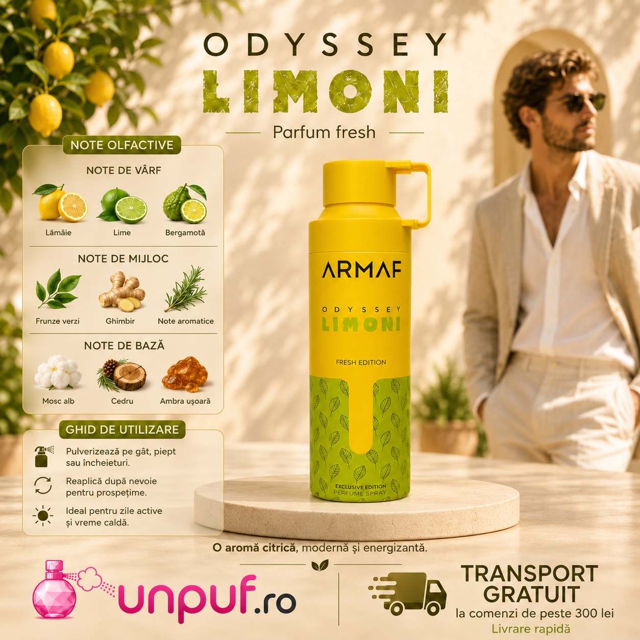 Profil olfactiv Odyssey Limoni cu note de lămâie, lime, bergamotă, floare de portocal, ghimbir, note marine, mosc, ceai albastru și ambră