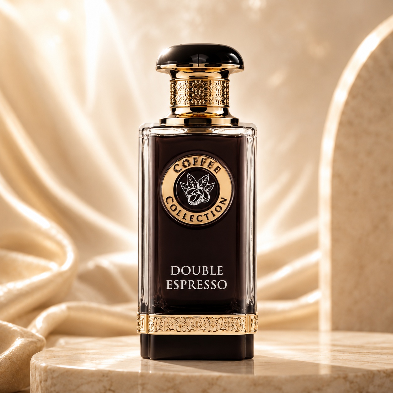 Flacon Double Espresso Fragrance World 100 ml parfum unisex cu sticlă transparentă, lichid espresso și detalii aurii