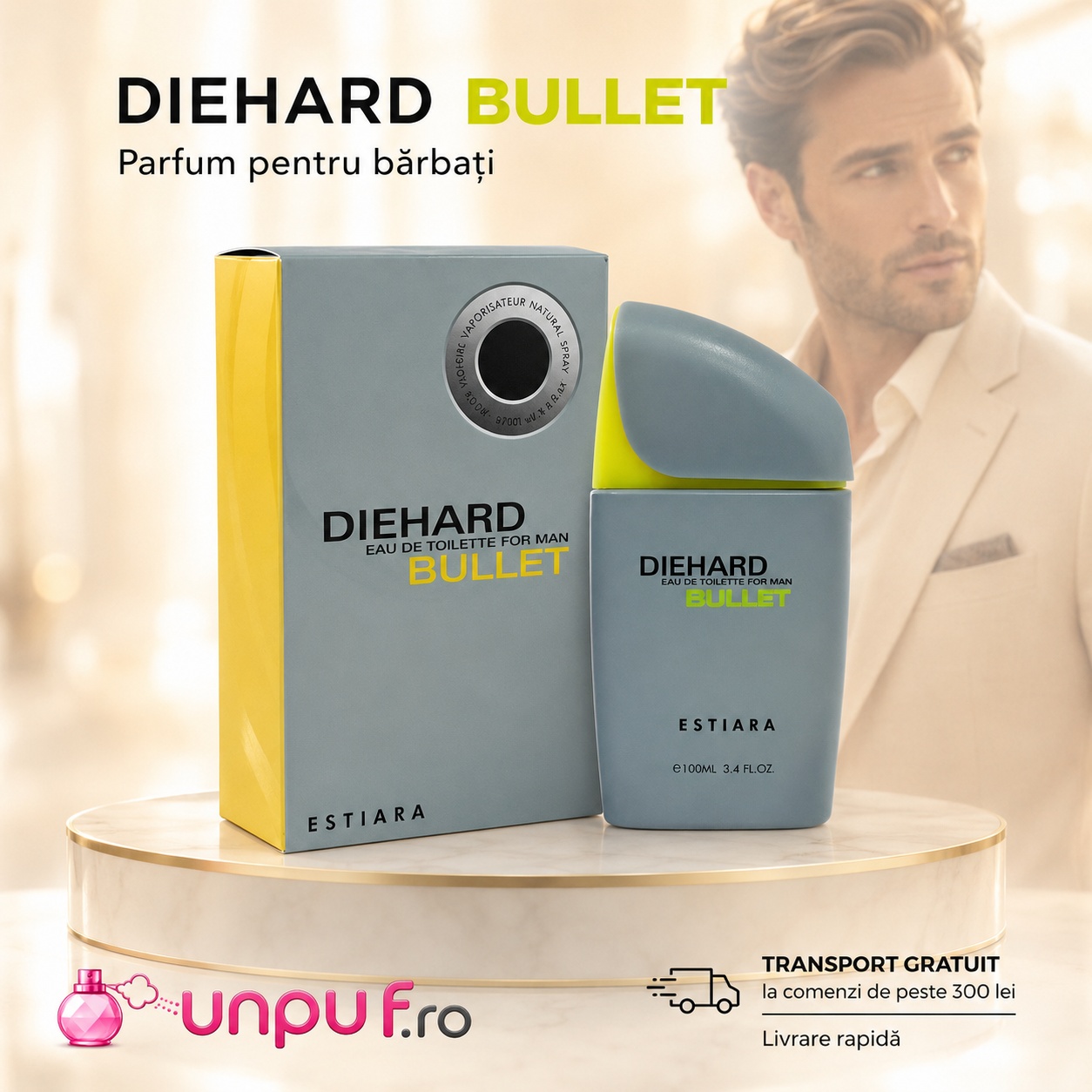 Parfum Arăbesc Estiara Die Hard Bullet With Sleeve 100 ml, sticlă gri cu accente lime și cutie premium