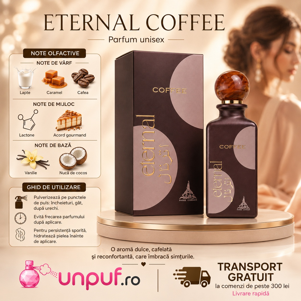 Eternal Coffee parfum unisex cu note de lapte, caramel, cafea, lactone, acord gourmand, vanilie și nucă de cocos, ghid de utilizare și aromă dulce cafelată