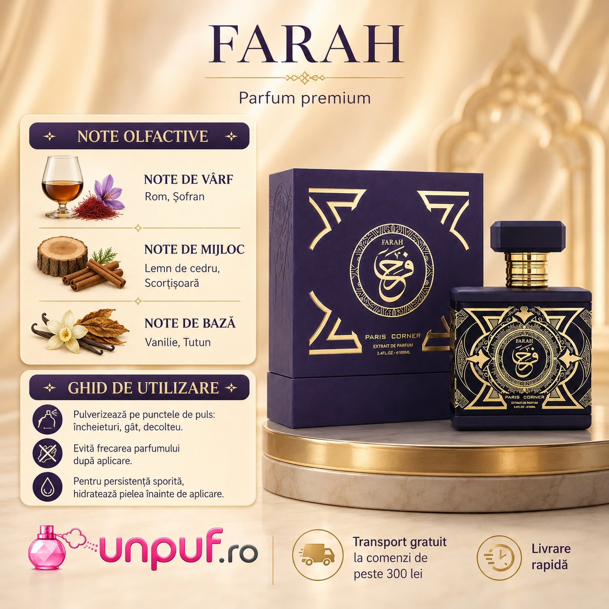 Farah Paris Corner parfum premium cu note olfactive de rom, șofran, lemn de cedru, scorțișoară, vanilie și tutun