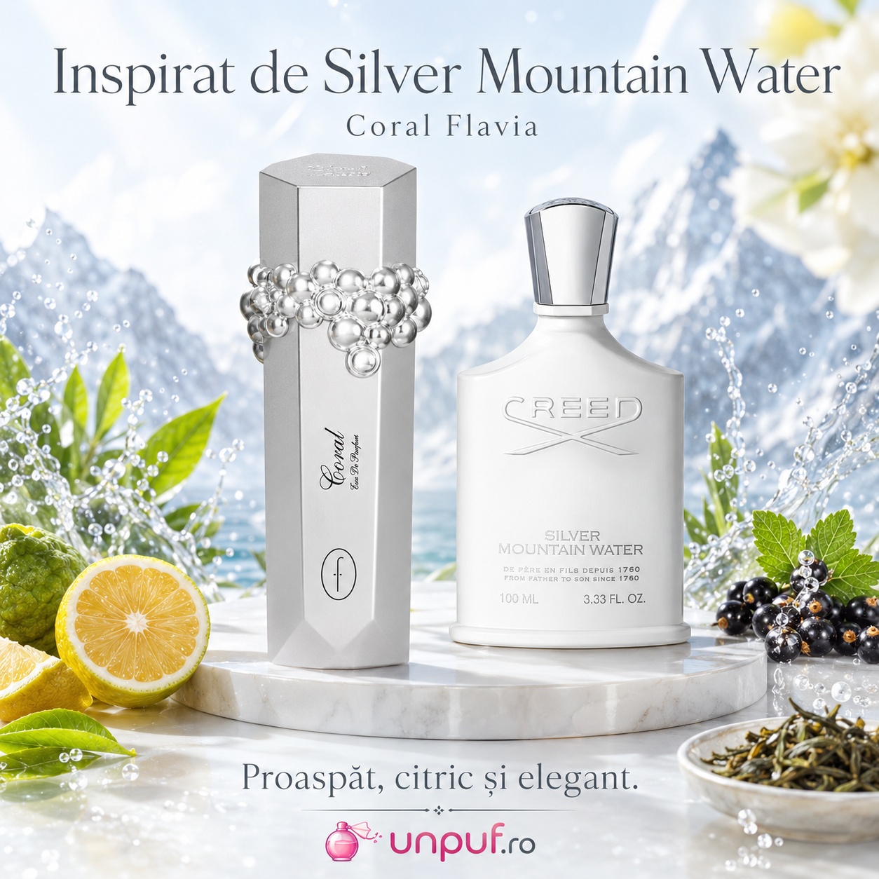 Flavia Coral direcție vizuală Silver Mountain Water, parfum proaspăt citric și elegant