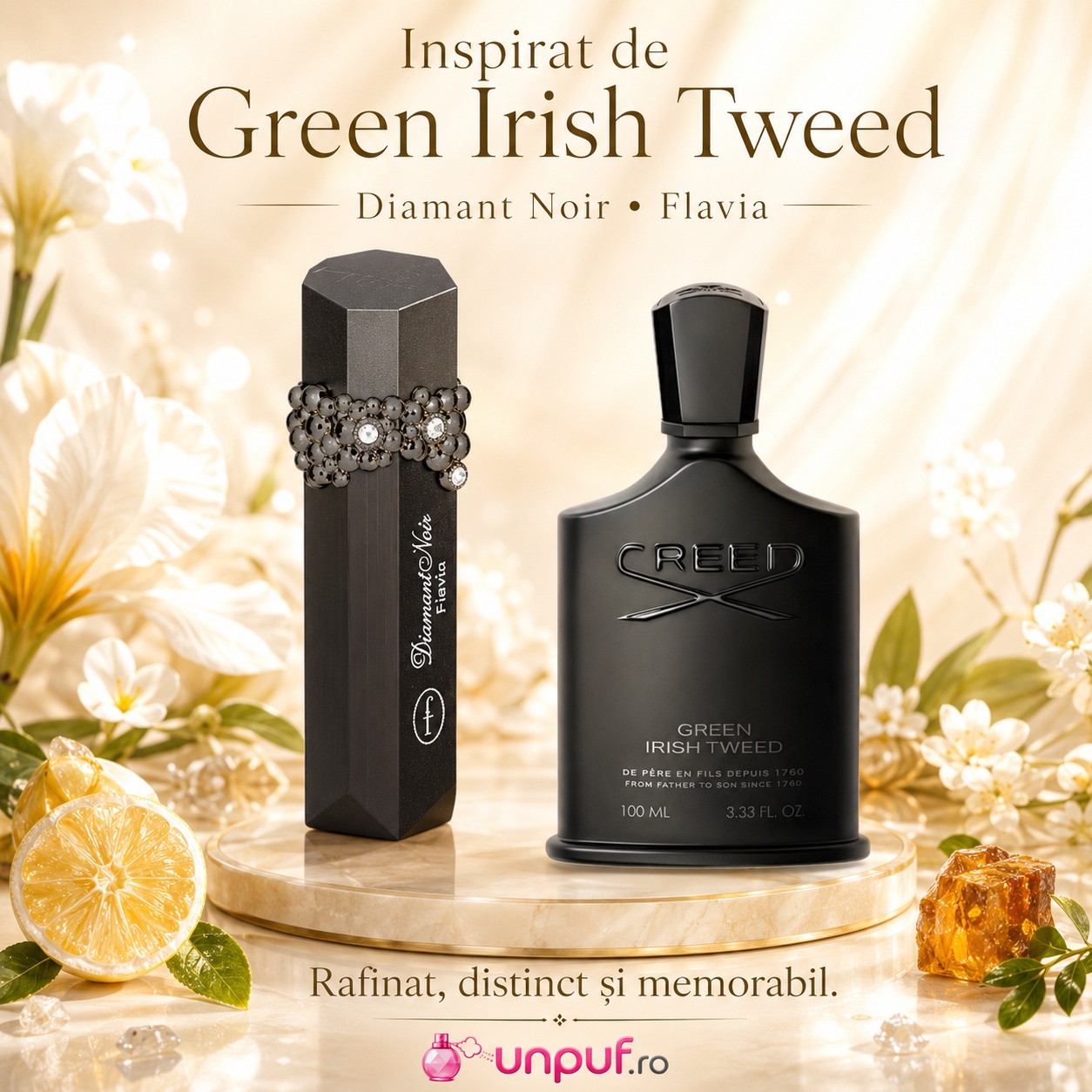 Flavia Diamant Noir direcție vizuală Green Irish Tweed, parfum rafinat, distinct și memorabil
