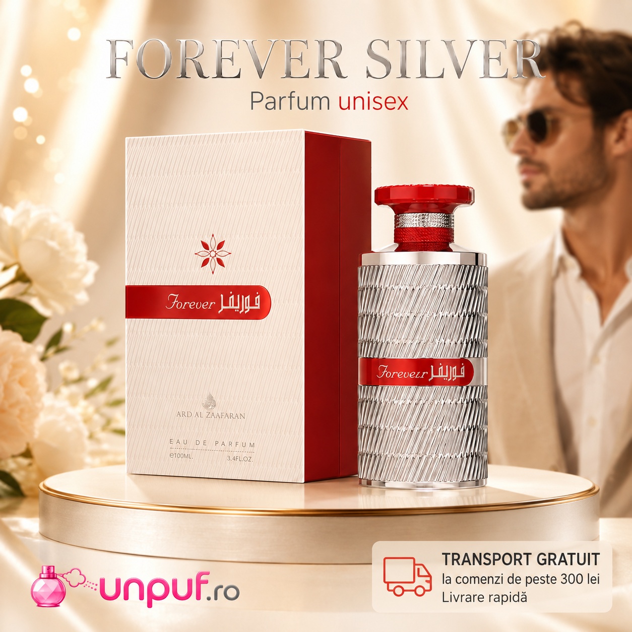 Forever Silver parfum unisex cu flacon argintiu, cutie crem roșie, aromă modernă și transport gratuit la comenzi eligibile