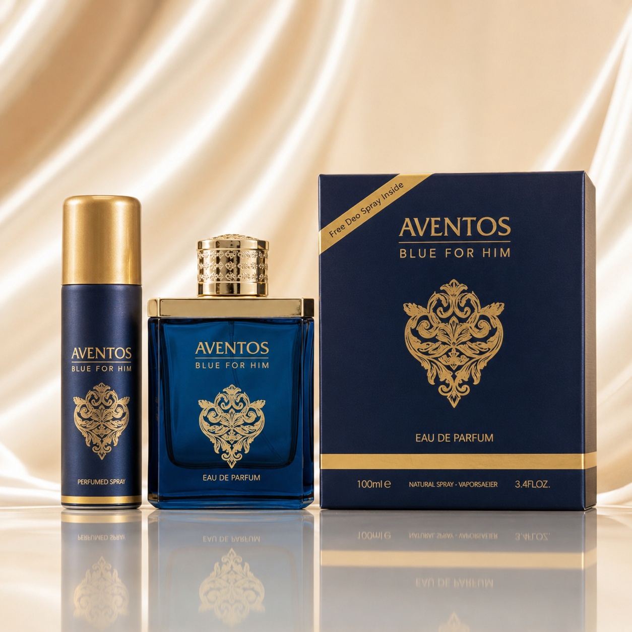 Parfum Arăbesc Fragrance World Aventos Blue Eau de Parfum 100ml plus Deo 50ml, set albastru cu detalii aurii