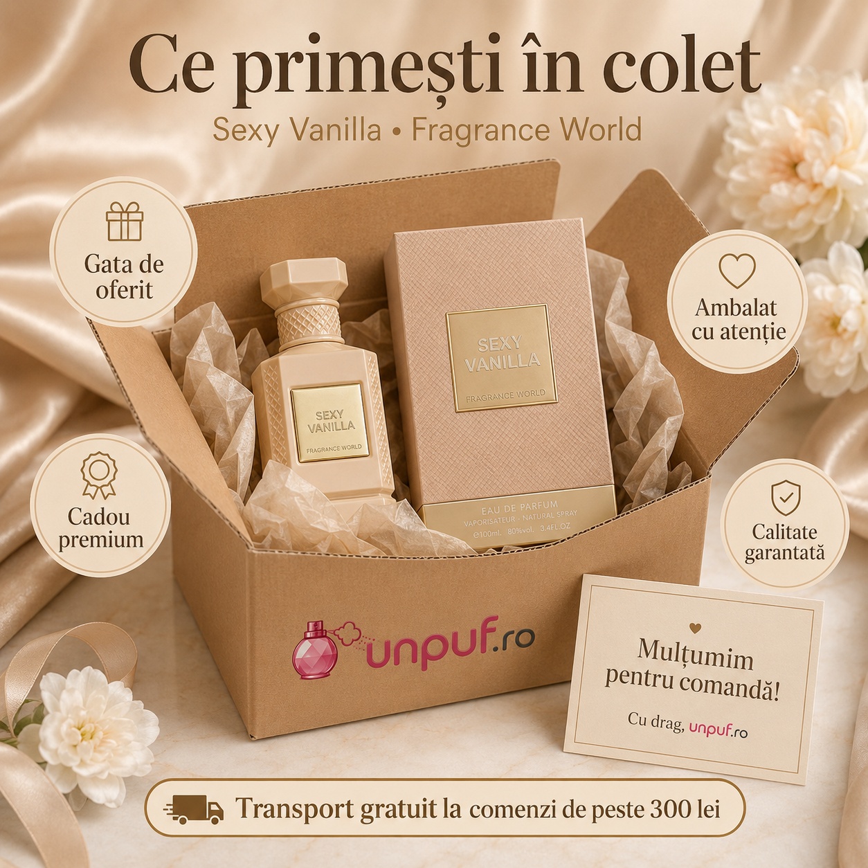 Ce primești în colet la parfumul Sexy Vanilla Fragrance World, ambalaj premium UnPuf.ro