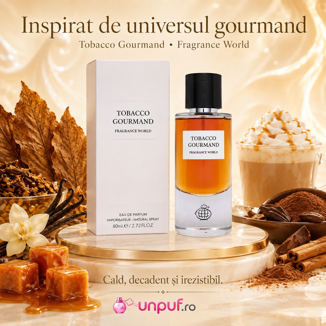 Fragrance World Tobacco Gourmand inspirat de universul gourmand, tutun, caramel, miere și vanilie