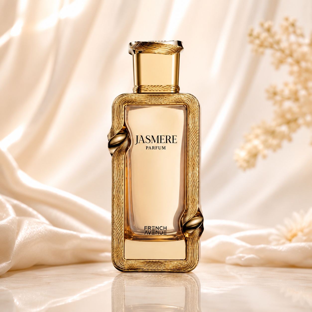 Sticlă parfum Jasmere French Avenue 100 ml pe fundal luminos premium cu satin auriu și flori delicate