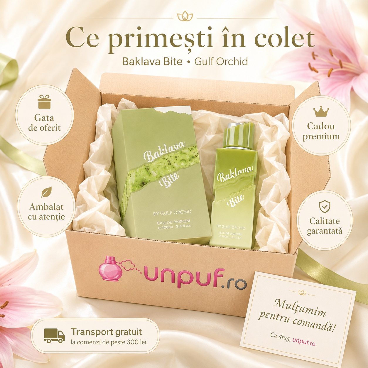 Ce primești în colet la Gulf Orchid Baklava Bite Eau de Parfum 100ml, ambalaj premium UnPuf.ro