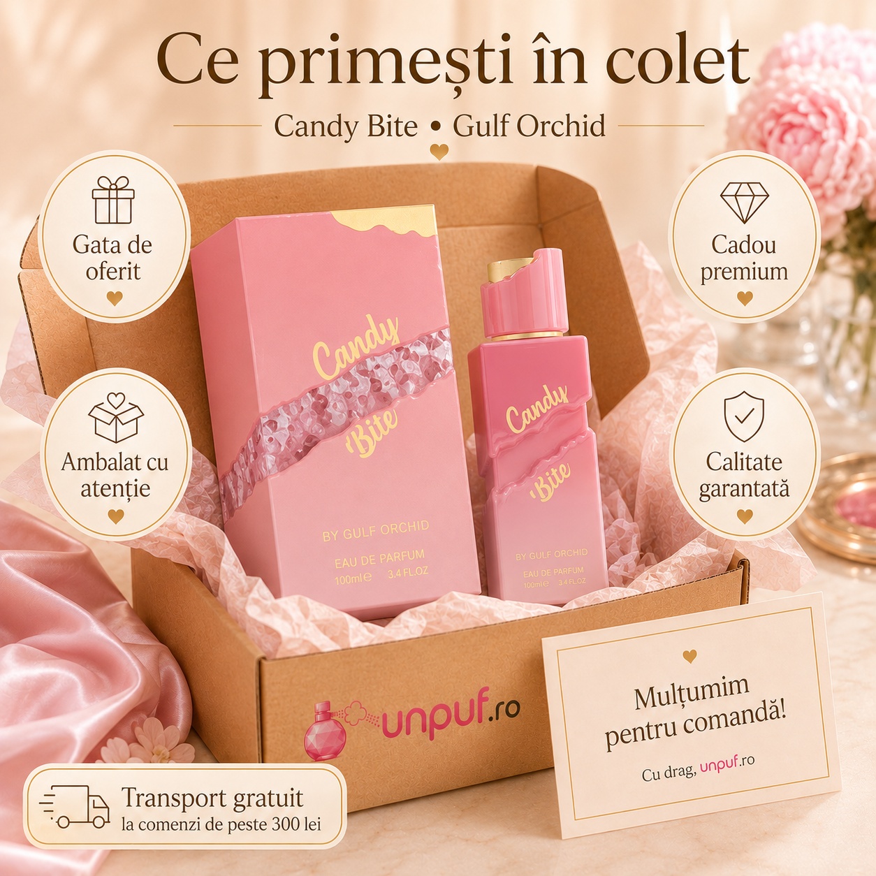 Ce primești în colet la Gulf Orchid Candy Bite Eau de Parfum 100ml, ambalaj premium UnPuf.ro