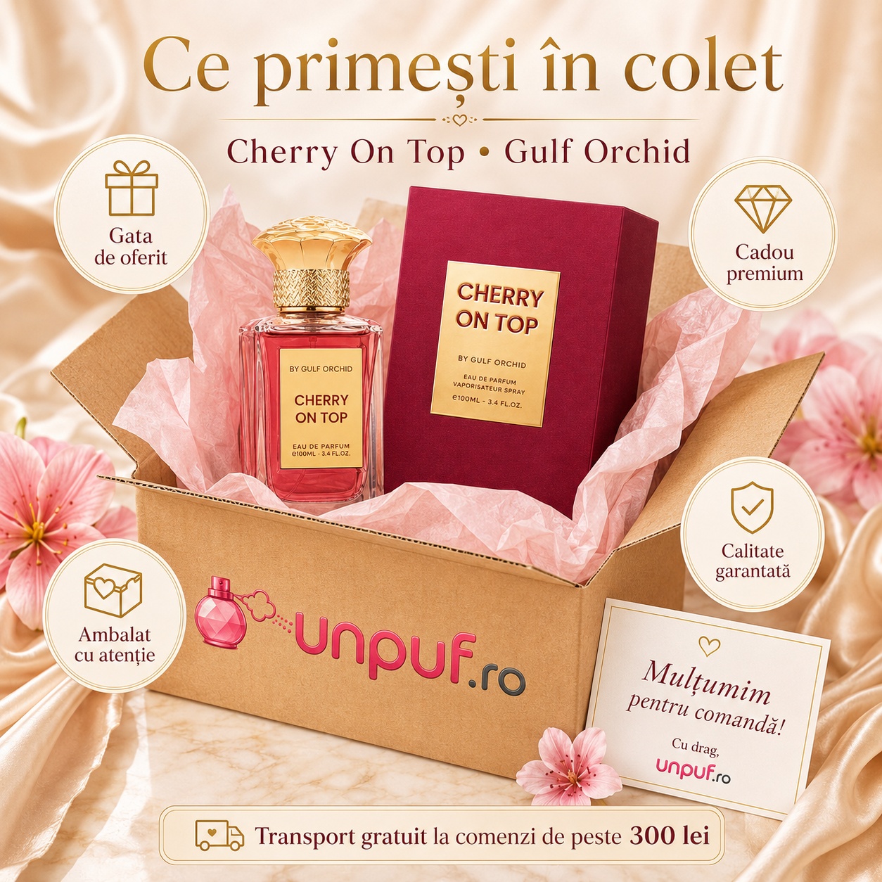 Ce primești în colet la Gulf Orchid Cherry On Top Eau de Parfum 100ml, ambalaj premium UnPuf.ro