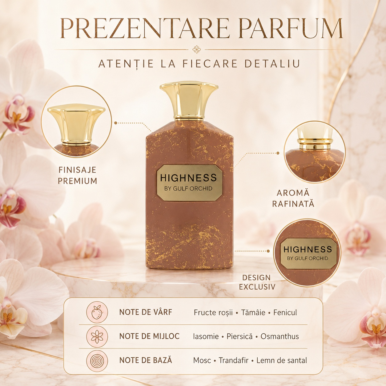 Prezentare Gulf Orchid Highness cu note de fructe roșii, tămâie, fenicul, iasomie, piersică, osmanthus, mosc și santal