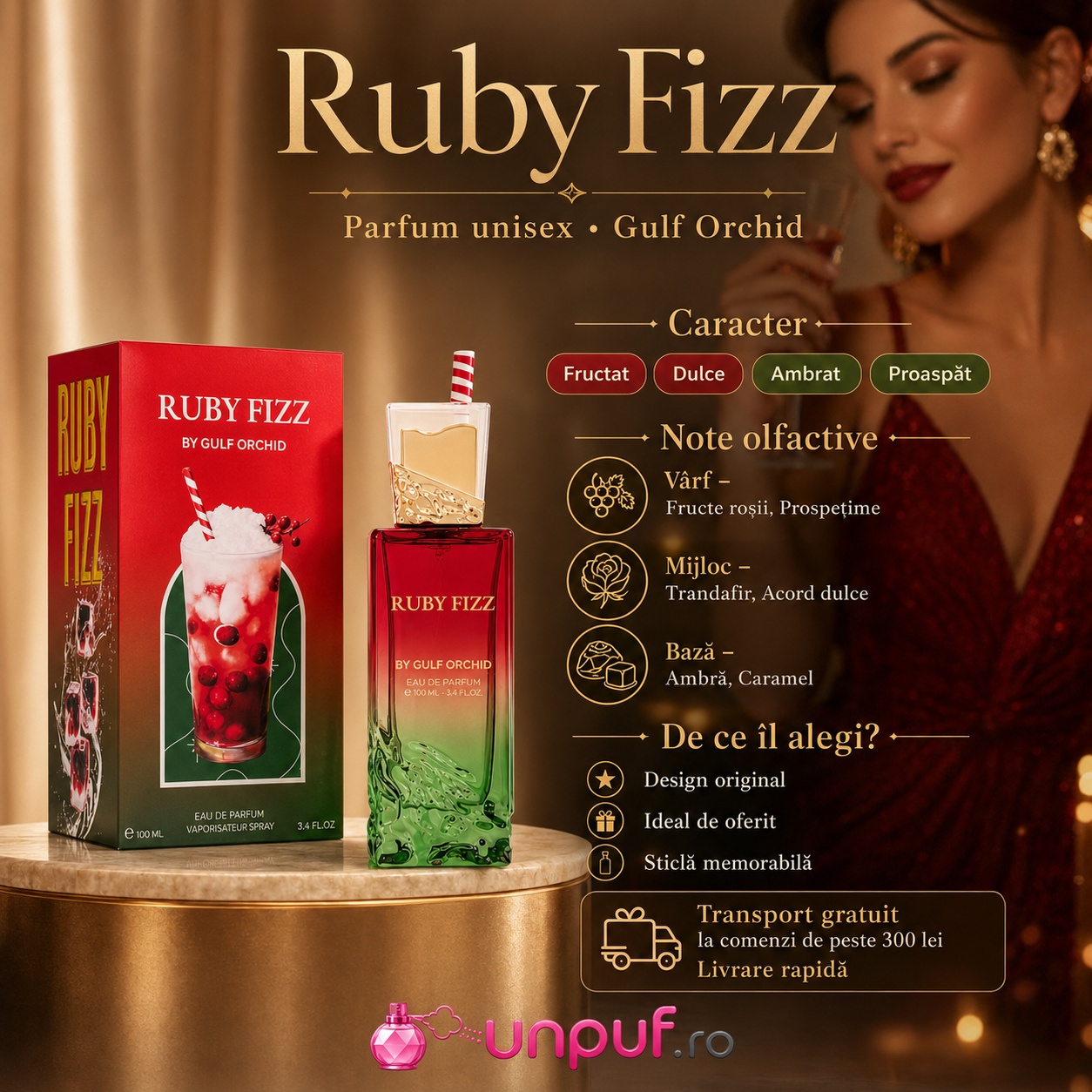 Profil olfactiv Gulf Orchid Ruby Fizz cu note fructate, dulci, proaspete și ambrate