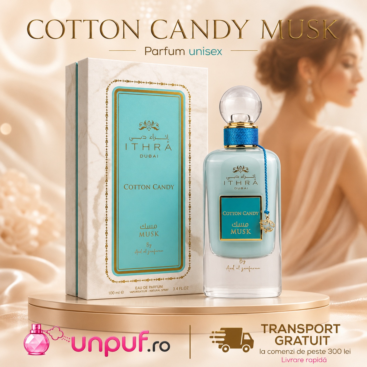 Cotton Candy Musk Ithra Dubai parfum unisex cu flacon bleu, cutie crem turcoaz, aromă delicată și transport gratuit la comenzi eligibile