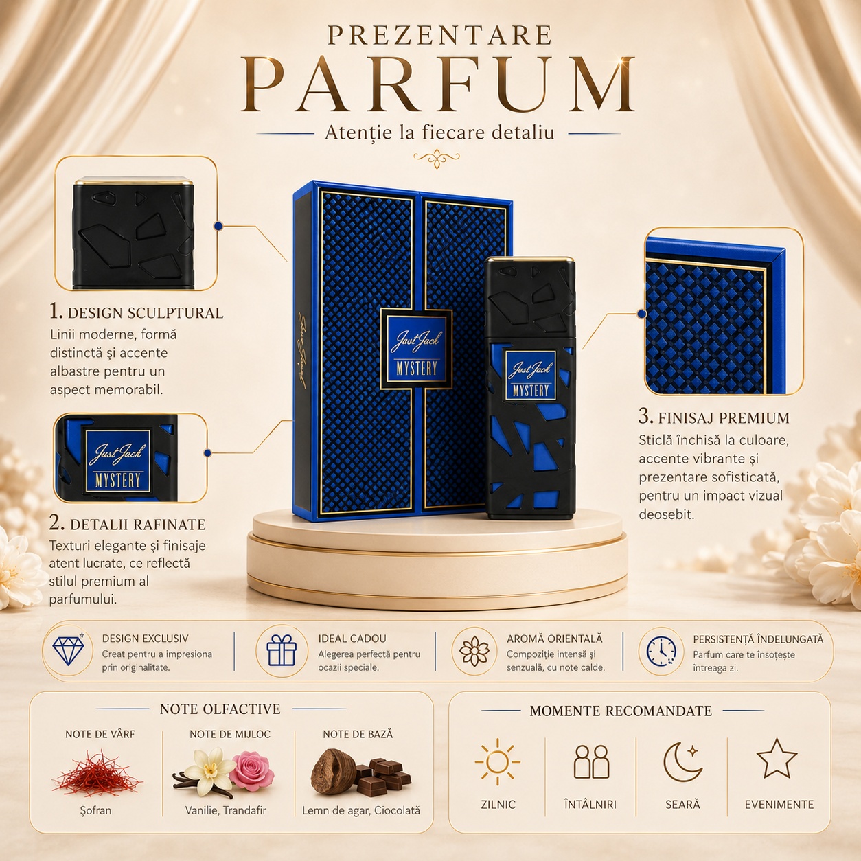 Prezentare parfum Just Jack Mystery cu note olfactive, design premium și momente recomandate