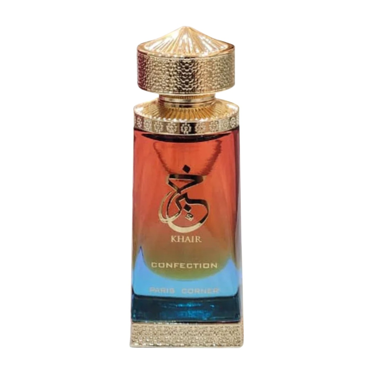 Flacon original Khair Confection Paris Corner 25 ml cu sticlă ombr&eacute; coral albastru, logo auriu și capac auriu texturat