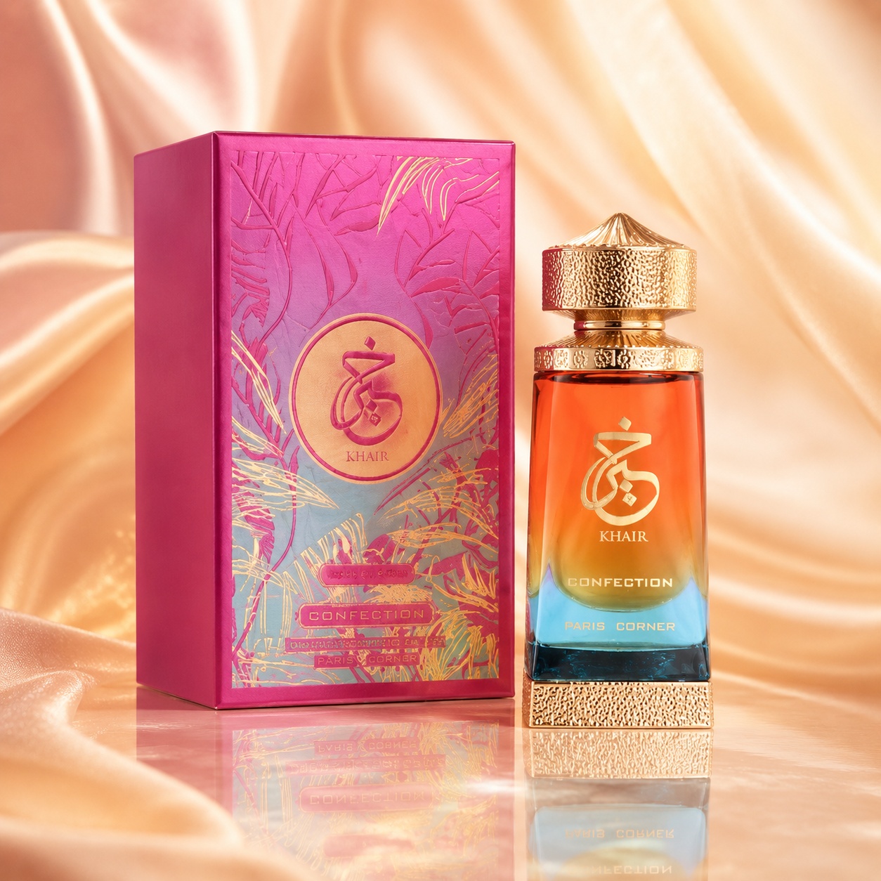 Parfum Arăbesc Khair Confection Concentrated Oil Paris Corner 25 ml cu flacon ombr&eacute; coral albastru, capac auriu texturat și cutie roz premium
