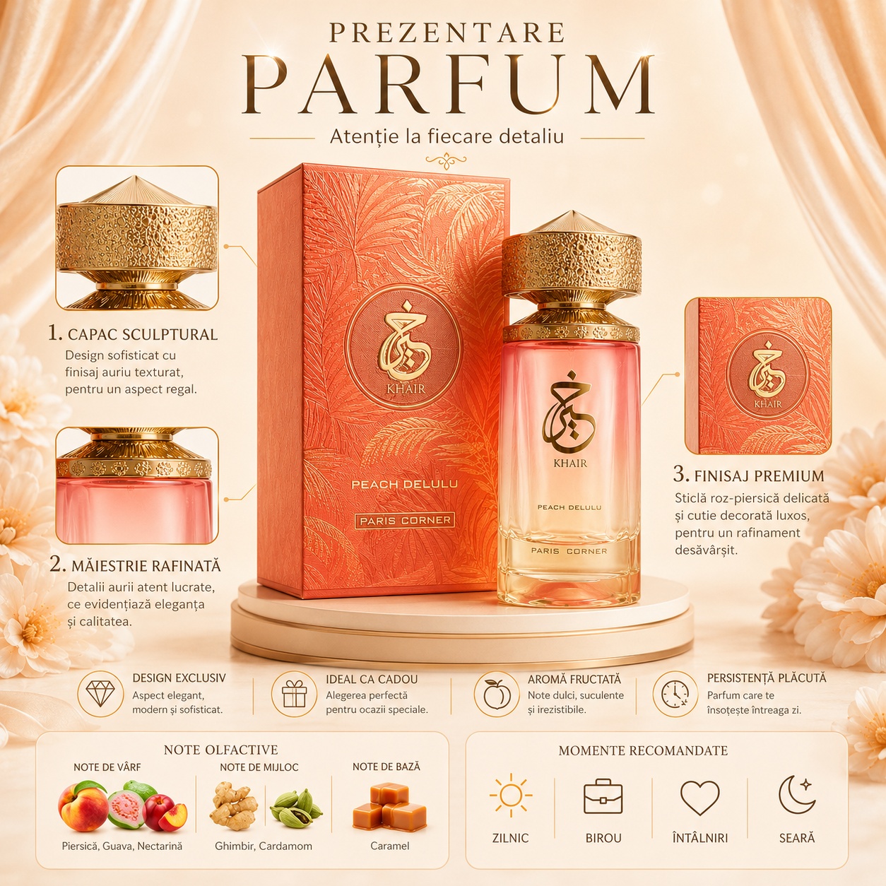Prezentare Khair Peach Delulu Paris Corner cu capac sculptural, măiestrie rafinată, finisaj premium, aromă fructată și note de piersică, guava, nectarină, ghimbir, cardamom și caramel