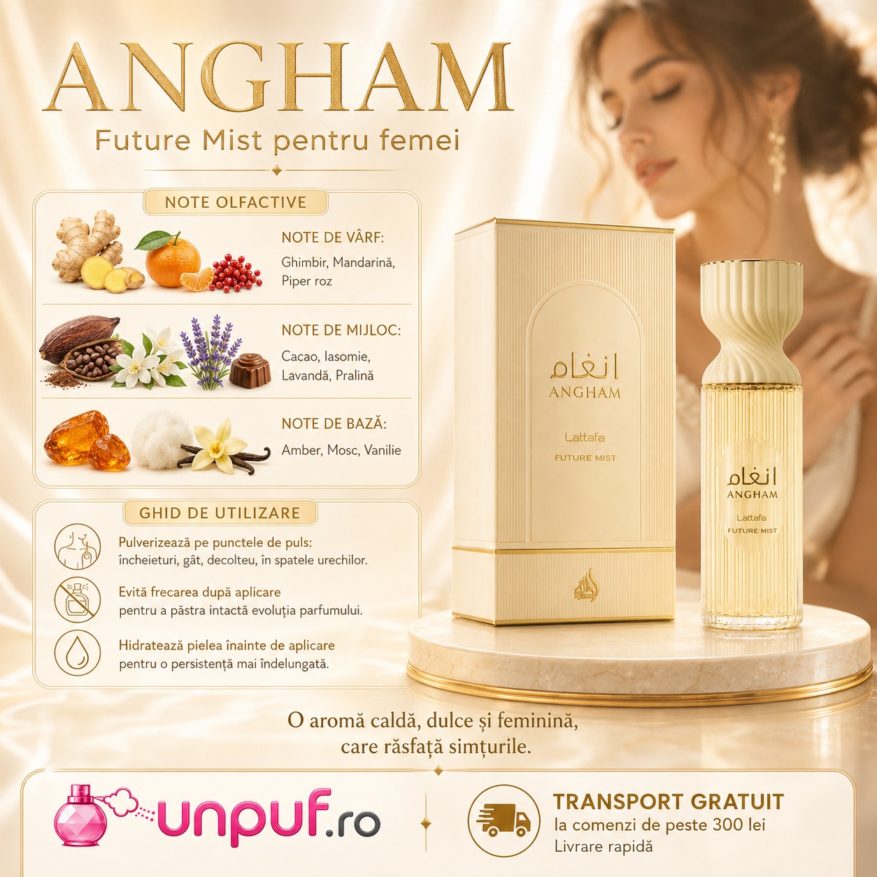 Note olfactive și ghid de utilizare Lattafa Angham Mist 250 ml, parfum dulce vanilat pentru femei