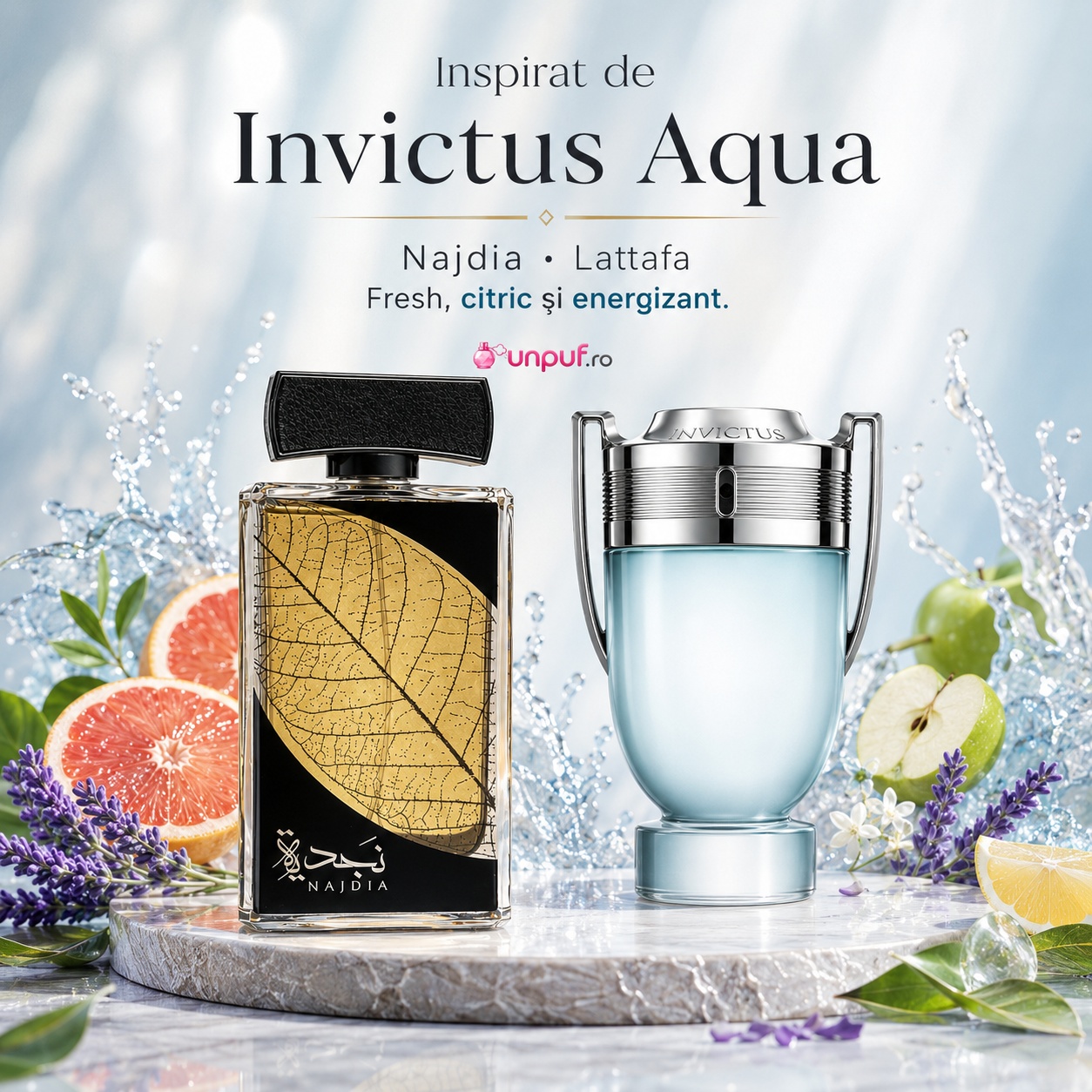 Lattafa Najdia inspirat din Invictus Aqua, parfum fresh citric și energizant