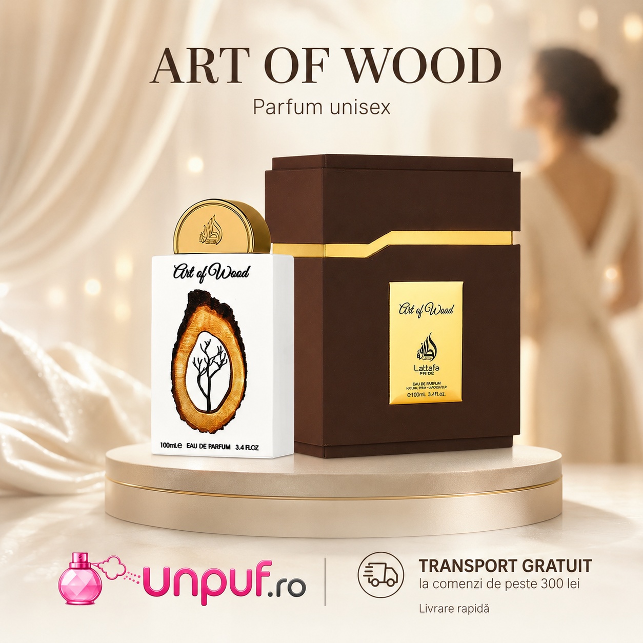 Lattafa Pride Art Of Wood parfum 100 ml cu flacon alb și cutie maro premium, transport gratuit la comenzi peste 300 lei