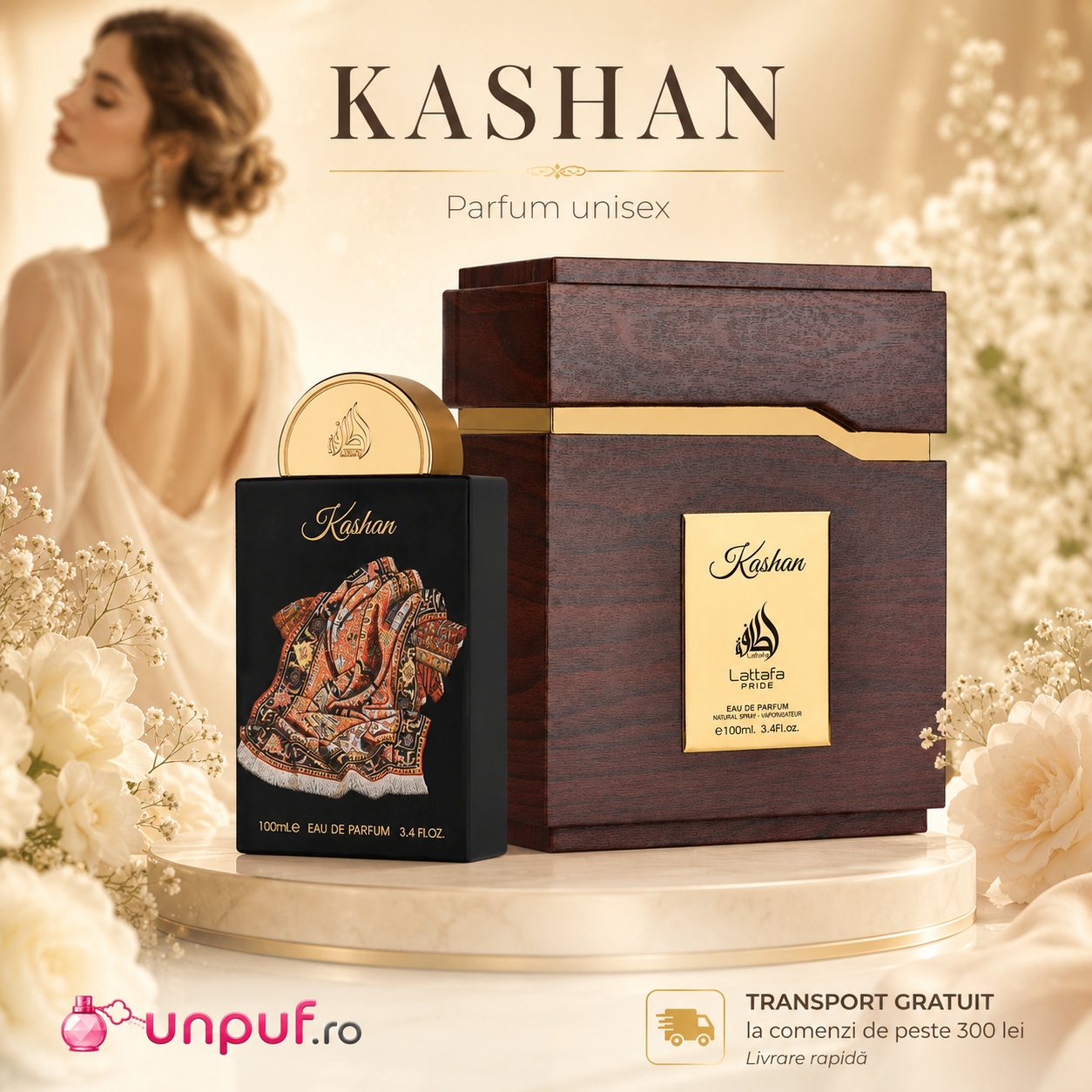 Lattafa Pride Kashan parfum 100 ml cu flacon negru și cutie din lemn premium