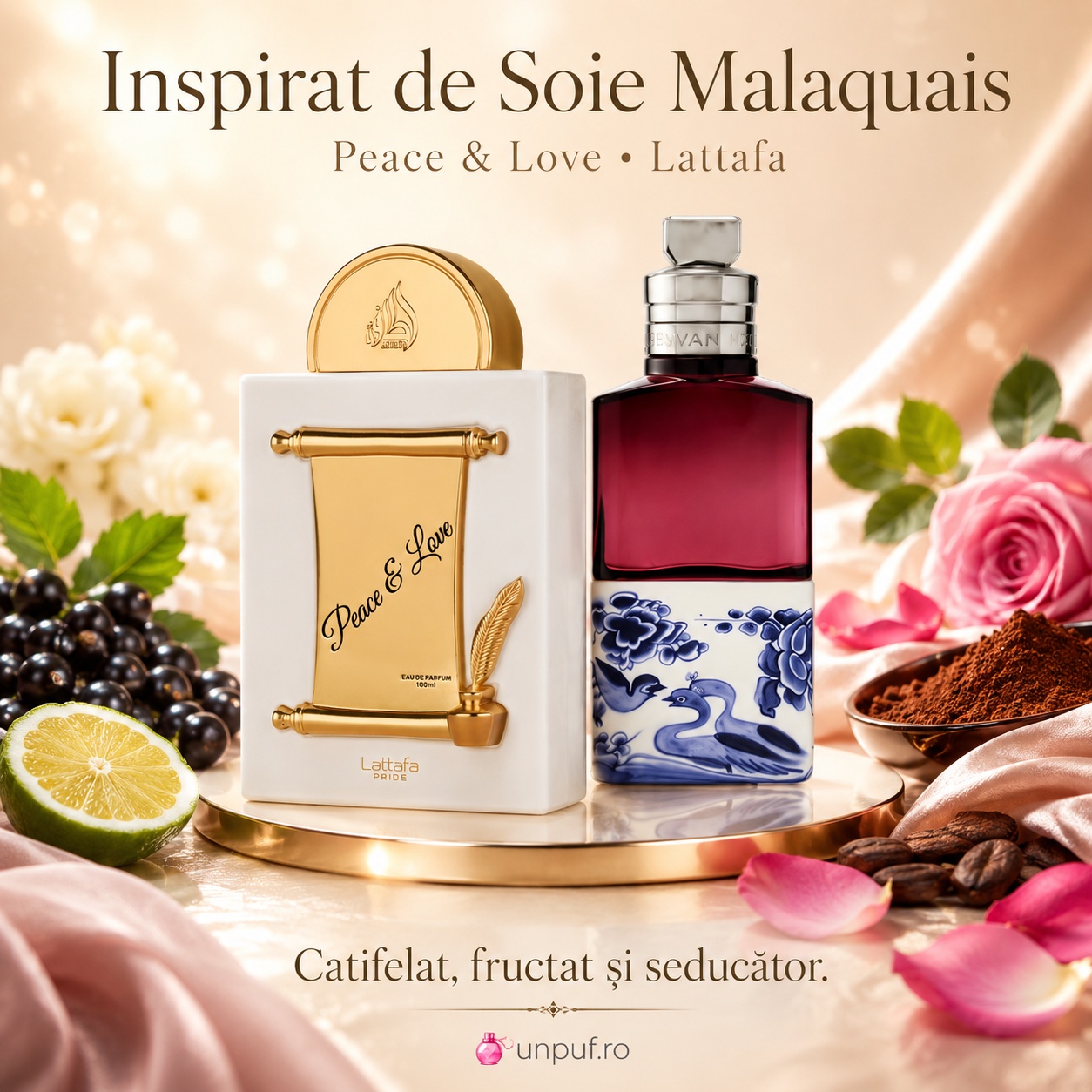 Lattafa Pride Peace & Love inspirat din Soie Malaquais, parfum catifelat fructat și seducător