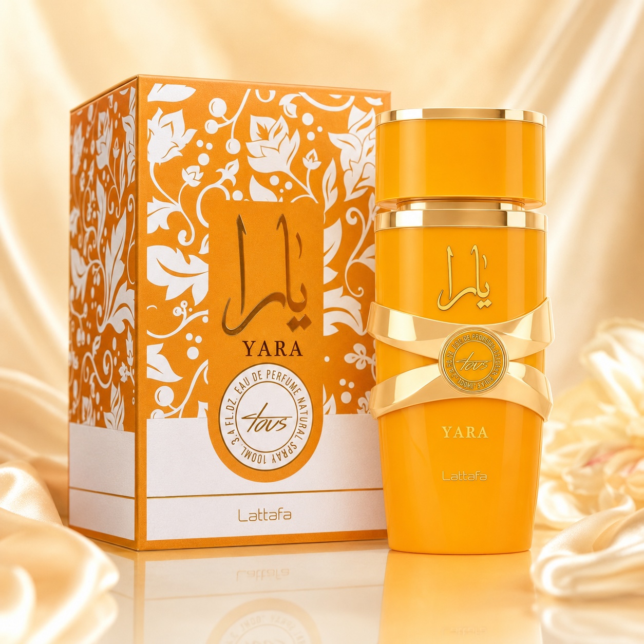 Parfum Arăbesc Lattafa Yara Tous 100 ml bărbat cu flacon portocaliu, detalii aurii și cutie premium tropicală