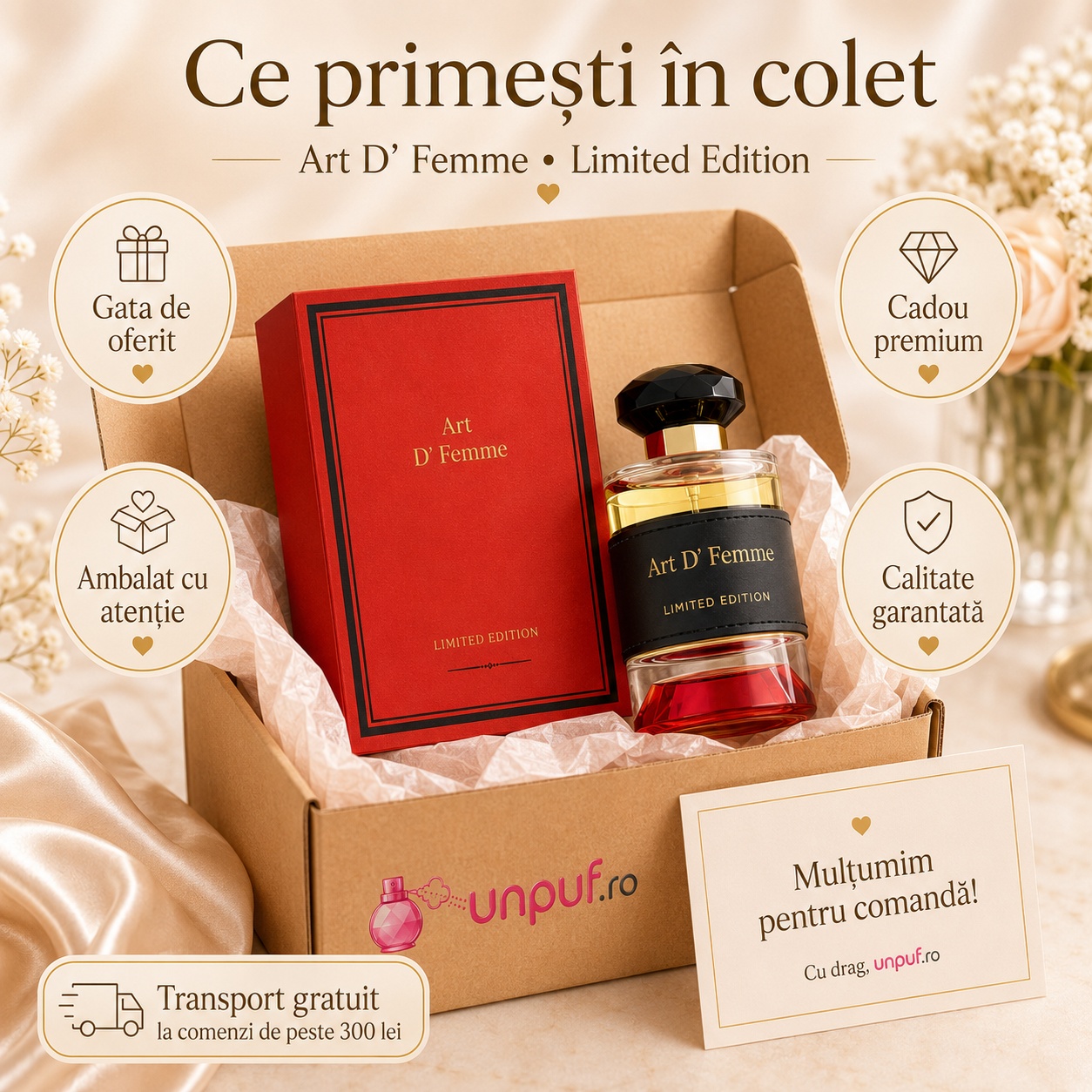 Ce primești în colet la Le Vogue Art D Femme, ambalaj premium și prezentare cadou UnPuf.ro