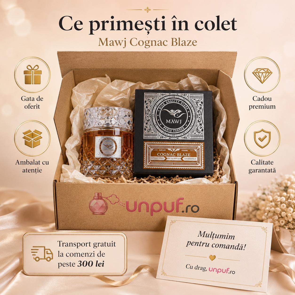 Ce primești &icirc;n colet Parfum Mawj Cognac Blaze Paris Corner 100 ml ambalat cu atenție