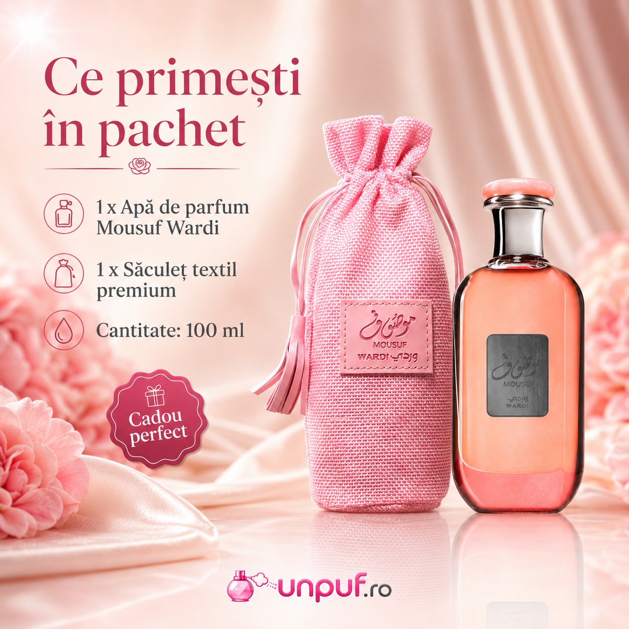 Ce primești &icirc;n pachet Mousuf Wardi Ard Al Zaafaran 100 ml cu săculeț textil premium