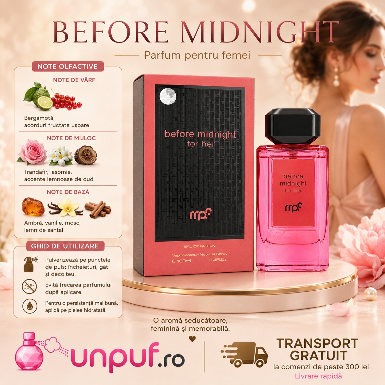 Prezentare parfum Before Midnight For Her cu note de bergamotă, acorduri fructate, trandafir, iasomie, oud, ambră, vanilie, mosc și santal