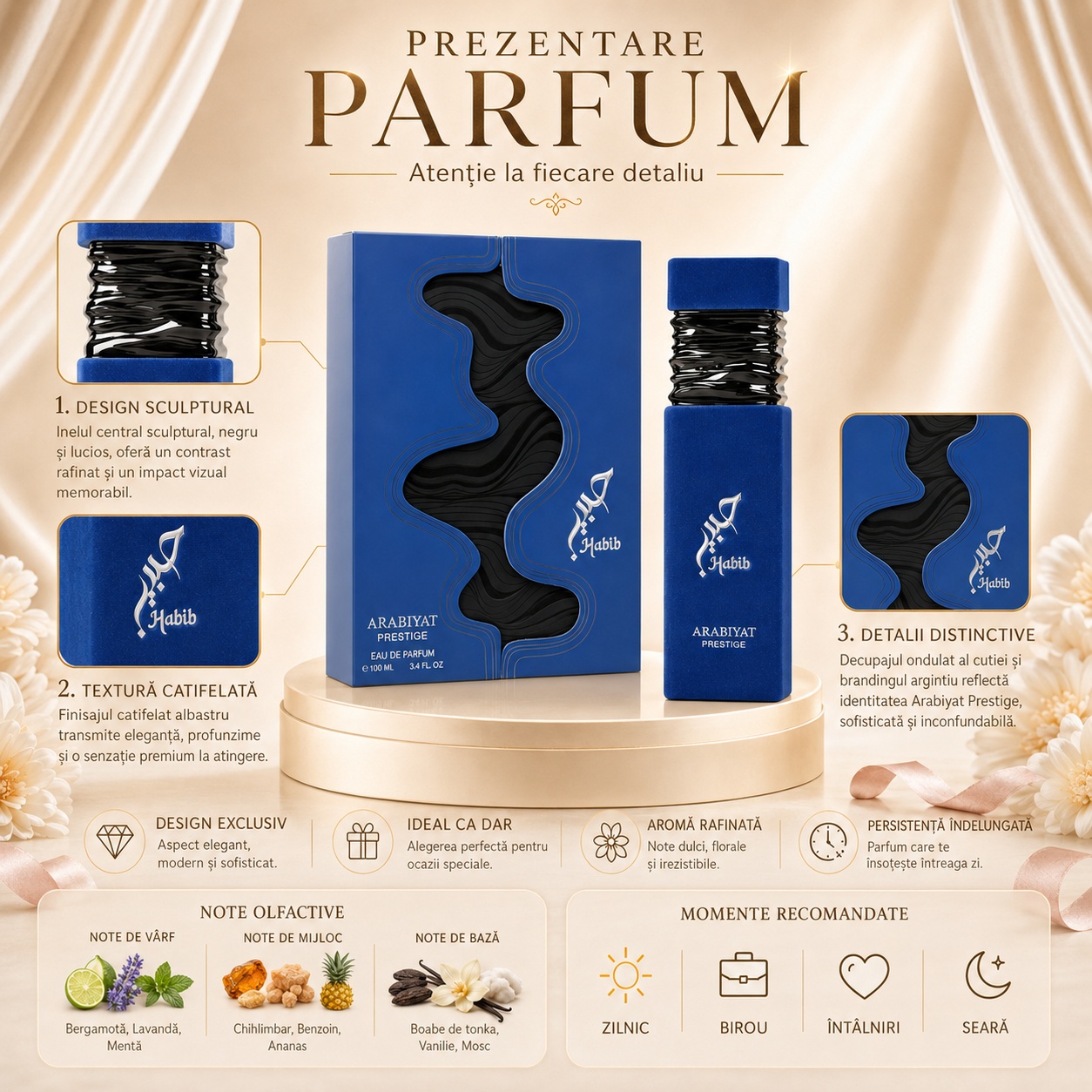 Prezentare parfum Habib cu design sculptural, textură catifelată, detalii distinctive și note olfactive
