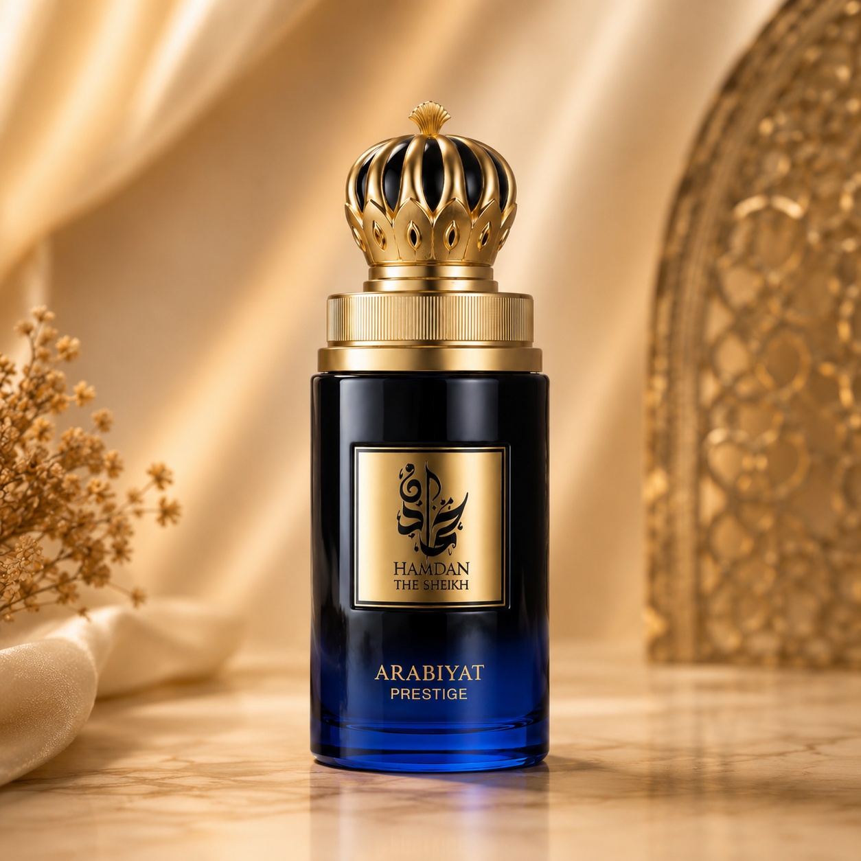 Flacon My Perfumes Hamdan The Sheikh 75 ml negru albastru cu etichetă aurie și capac regal sculptural