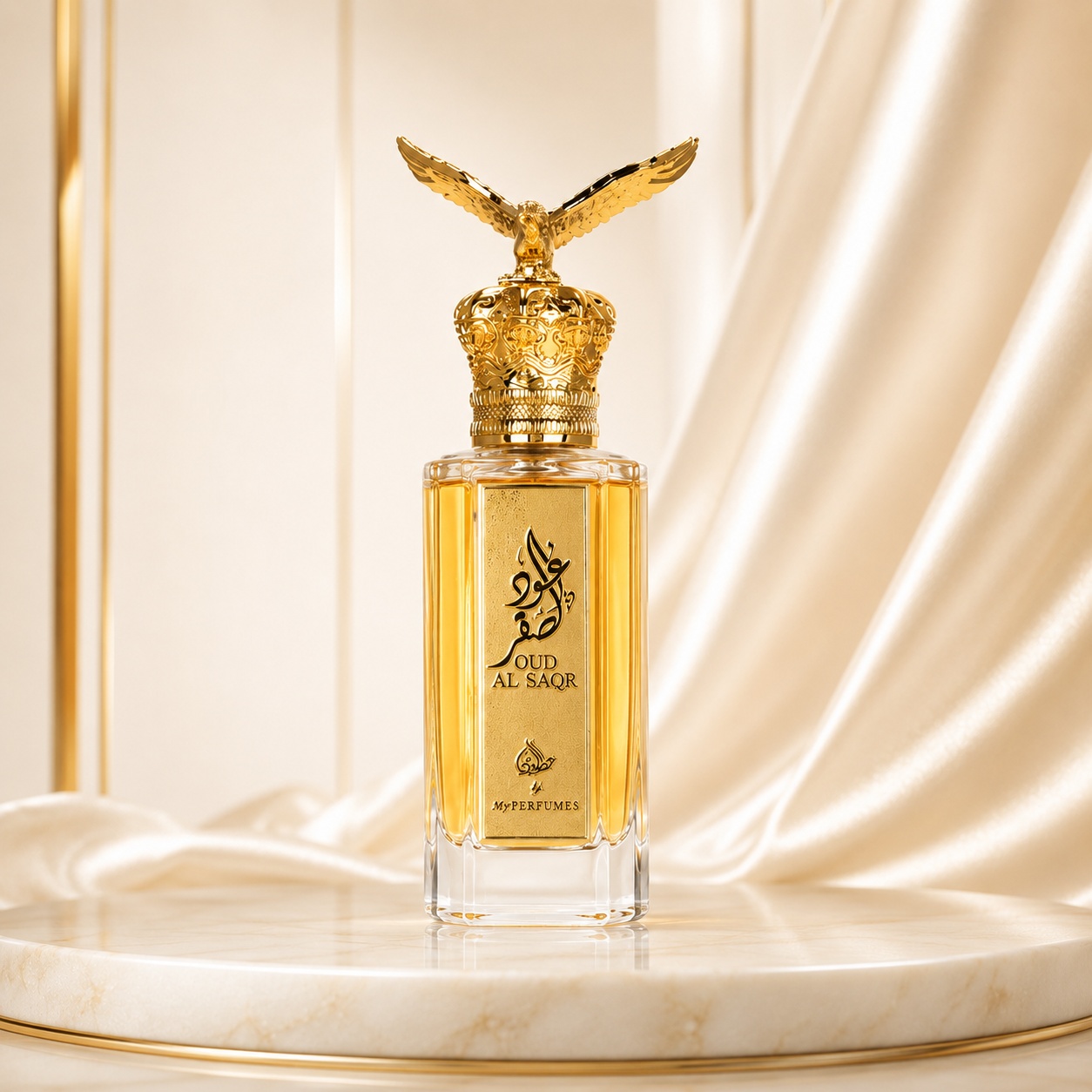 Flacon My Perfumes Oud Al Saqr 100 ml cu lichid auriu, etichetă aurie și capac imperial cu vultur