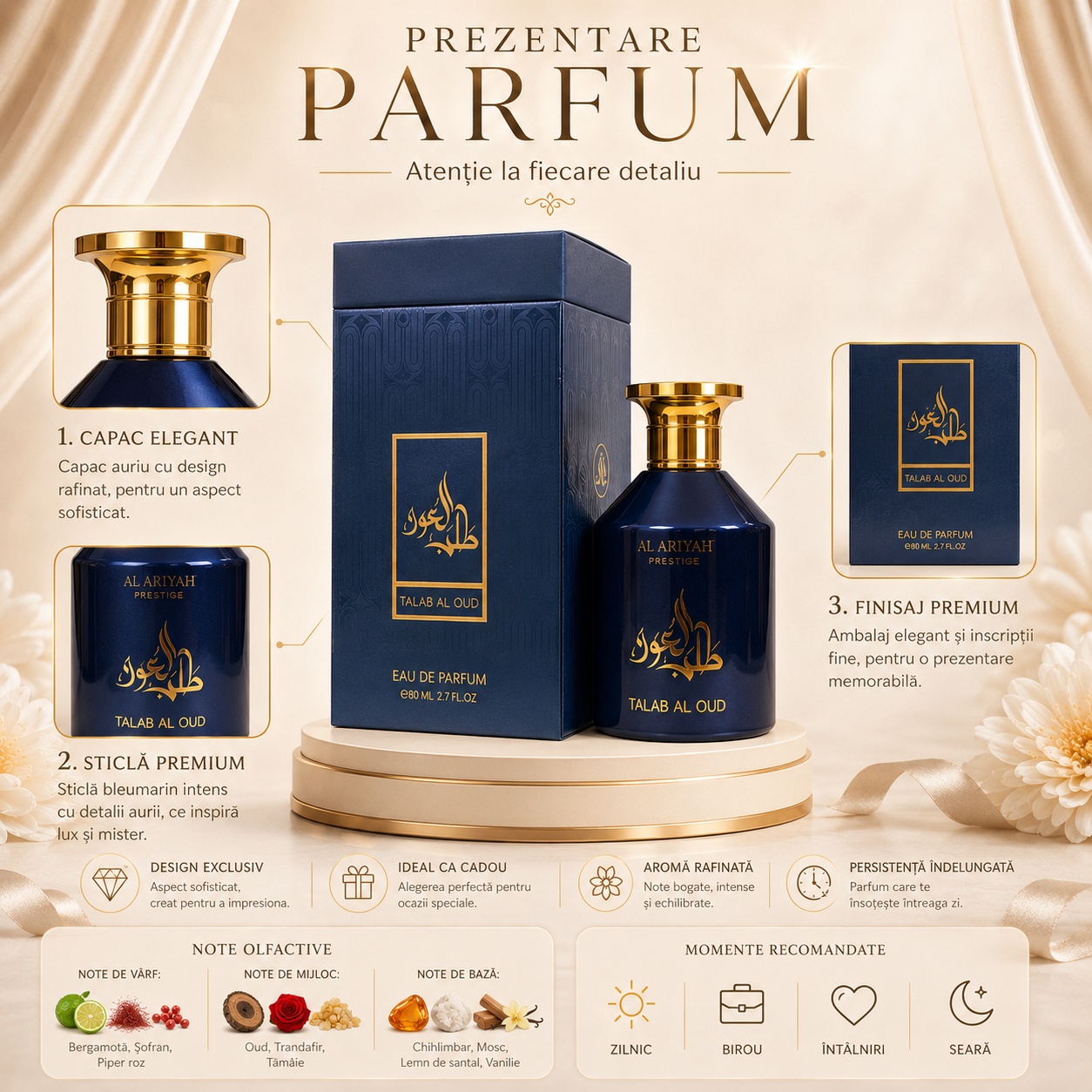 Prezentare parfum Talab Al Oud cu note olfactive, design elegant și persistență îndelungată