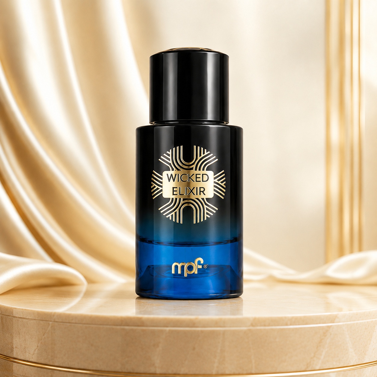 Flacon My Perfumes Wicked Elixir 100 ml negru și albastru intens pe fundal satinat premium