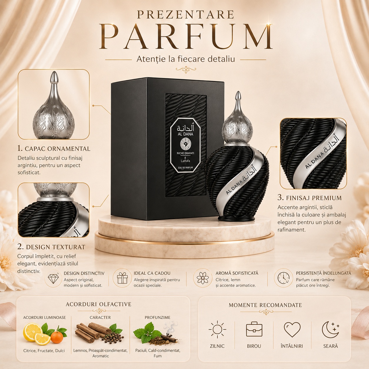 Prezentare parfum Al Dana cu detalii de design, acorduri olfactive și momente recomandate