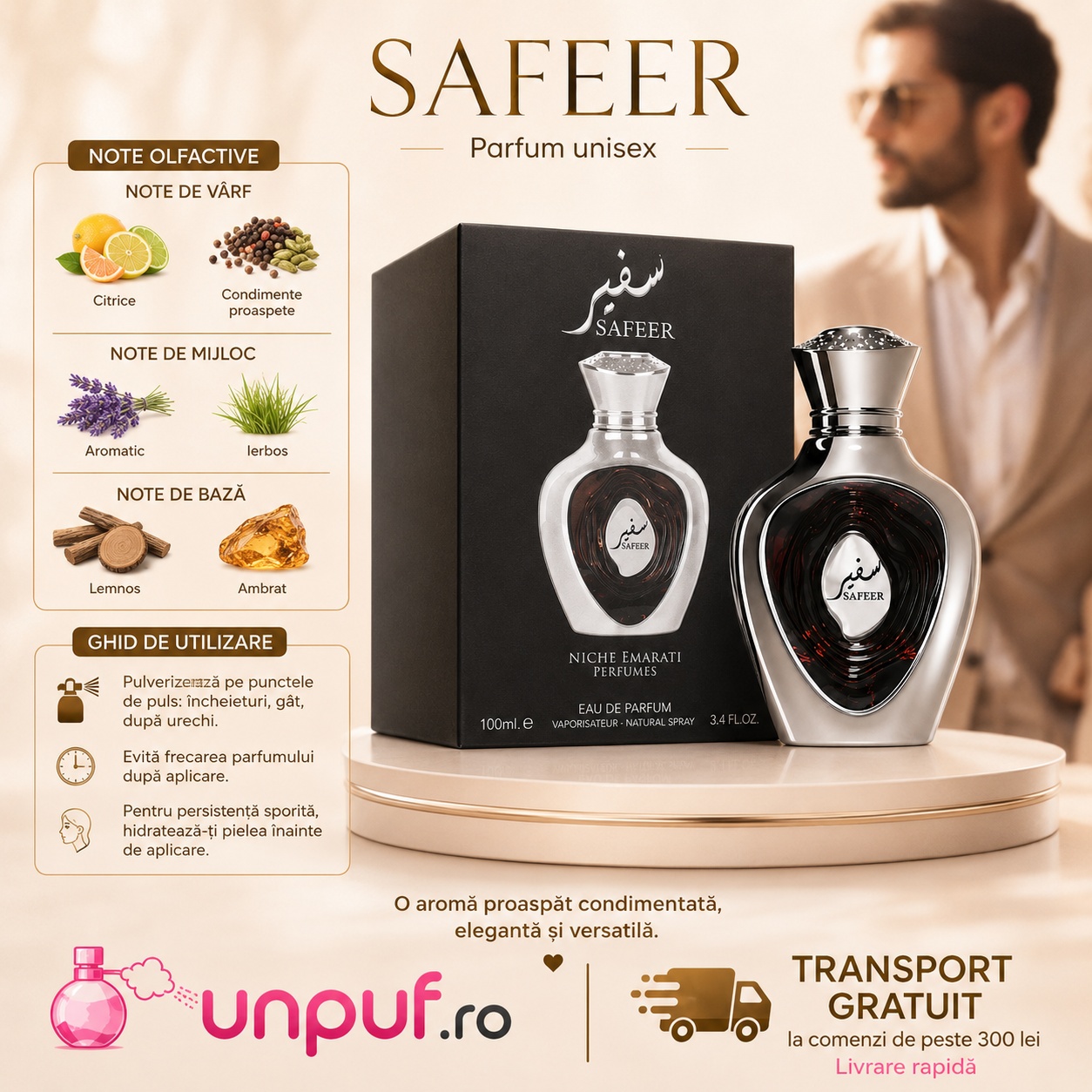 Profil olfactiv Safeer cu note citrice, condimente proaspete, acorduri aromatice, ierboase, lemnoase și ambrate